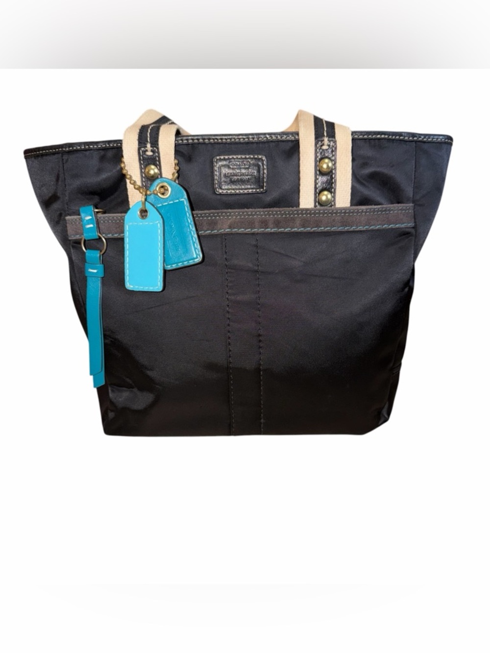 Coach Hampton Black Nylon Tote with Cream Handles and Turquoise Hang Tags - Picture 3 of 14